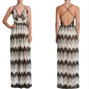 Dress the Population Chevron Lace Maxi Dress Black White Gray Strappy NWT Size M